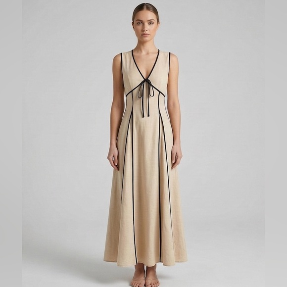 By Design Dresses & Skirts - Contrast-Trimmed 100% Cotton Maxi Dress – Sand & Black